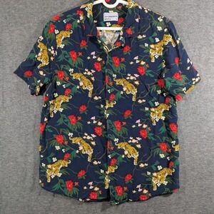 4th Dimension Mens Tiger Floral Rayon Button Down Shirt Navy Blue Size‎ M